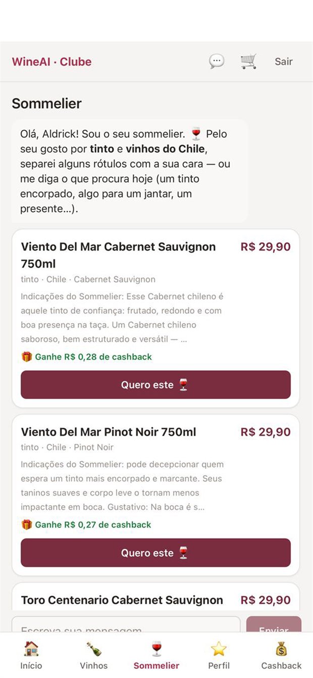 Tela do sommelier recomendando rótulos com justificativa e cashback