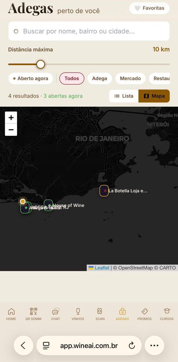 Mapa de adegas próximas com filtro de distância e tipo de estabelecimento