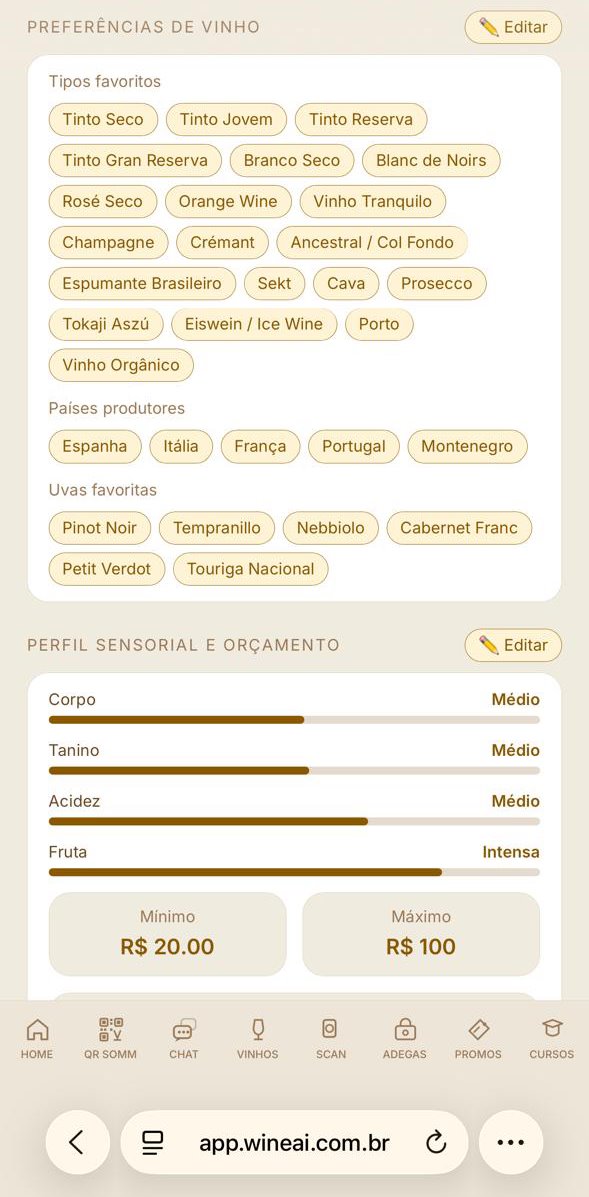 Tela de preferências e perfil sensorial com faixa de orçamento